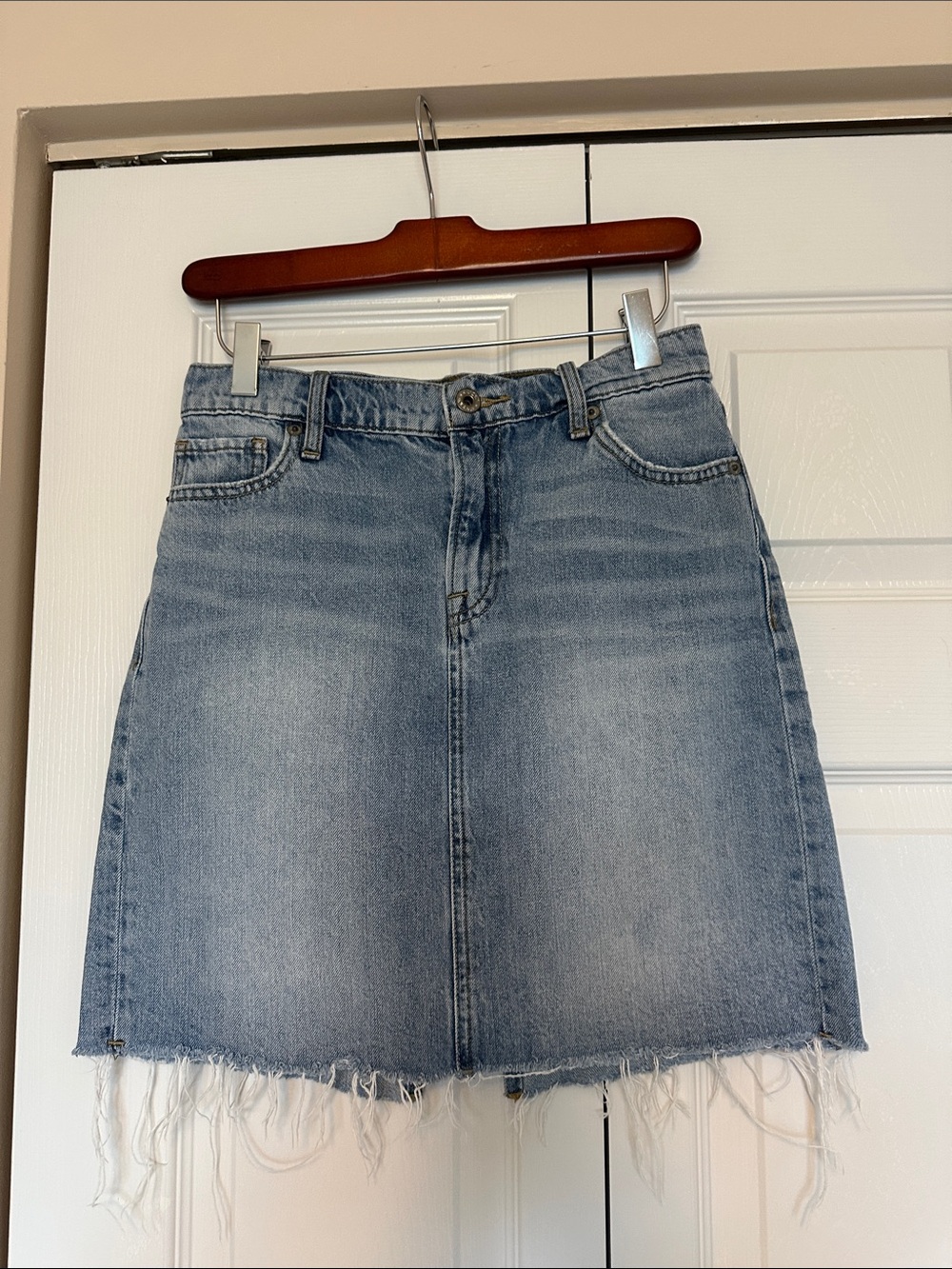 Lucky Brand Light Blue Denim A-Line Skirt with Frayed Hem